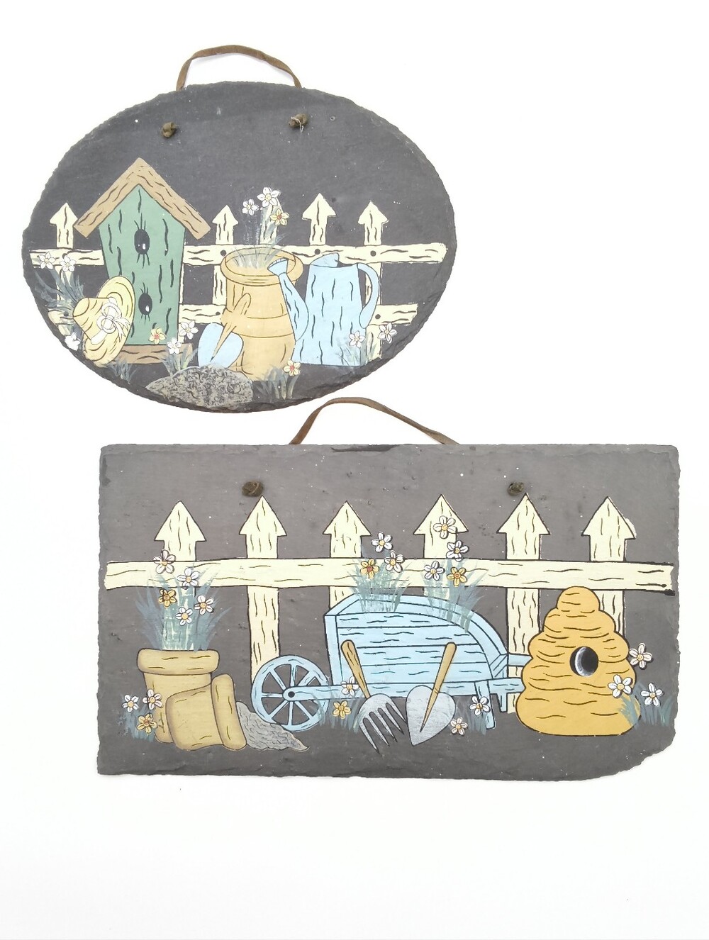 Hand-Painted Natural Slate Hanging Wall Plaques - Set of 2 Cottagecore Decor